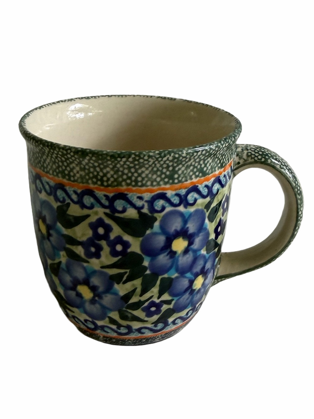 Polish Pottery Mug Handpainted Floral Design Blue Green